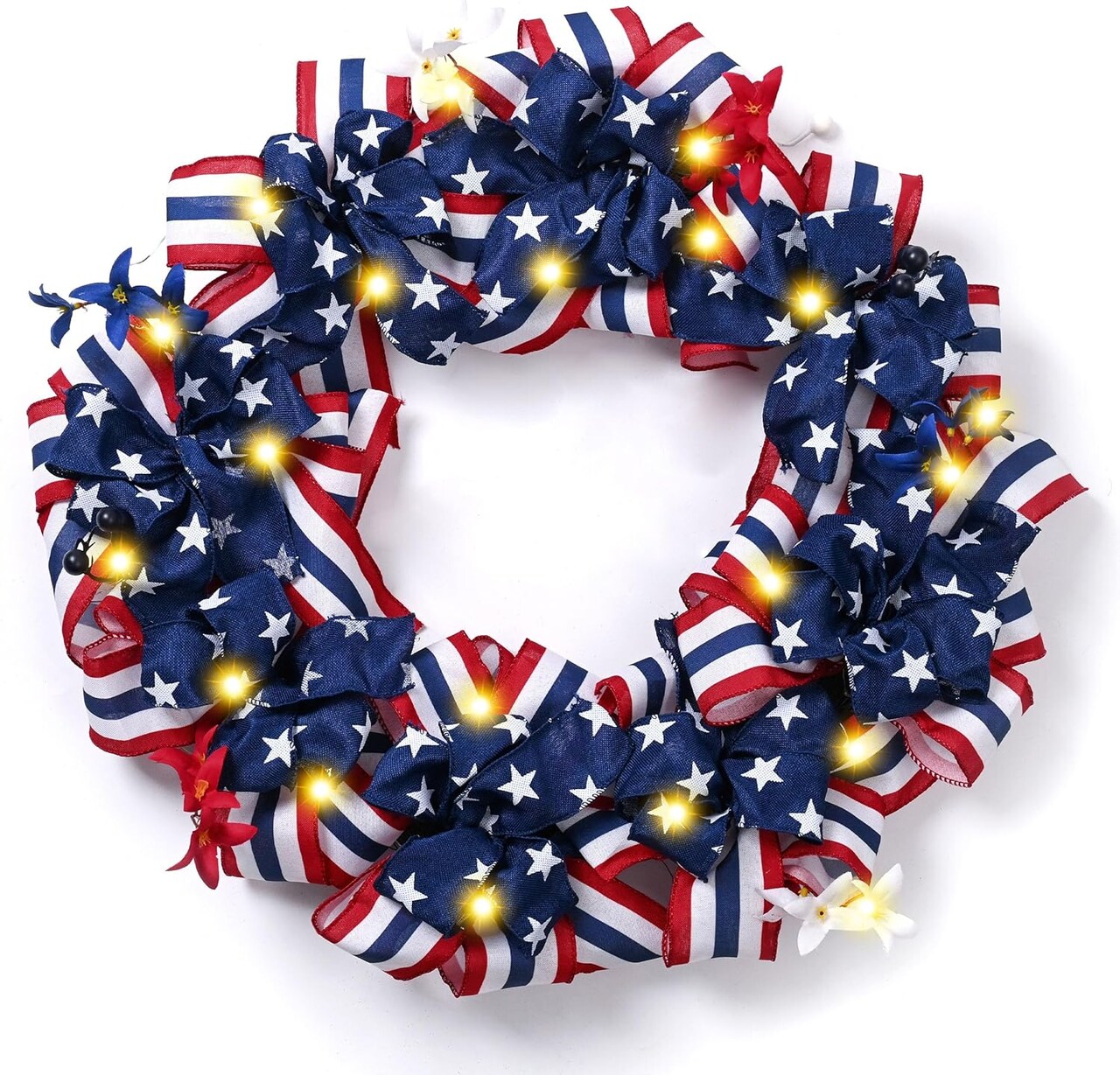 24-inch patriotic wreath in red, white, and blue with a burlap bow and built-in lights, designed for front doors or home décor, perfect for Independence Day, Memorial Day, and other national holiday celebrations.
